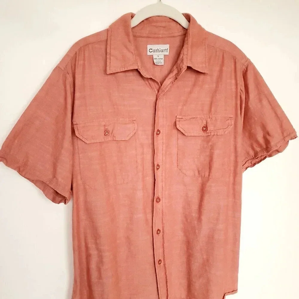 Carhartt Men's Shirt Large Solid Burnt Orange Button Down Pockets Short Sleeve - Picture 5 of 12